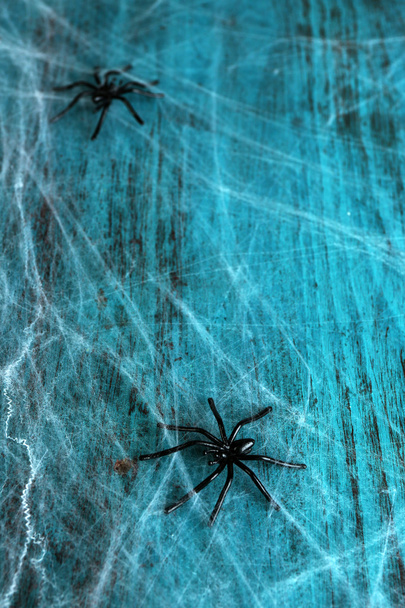 Cobweb with spiders on wooden background - Foto, Imagem
