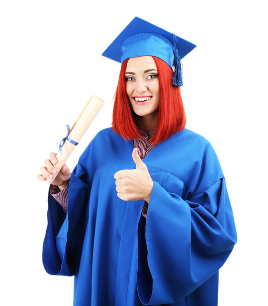 Woman graduate student wearing graduation hat and gown, isolated on white - Фото, зображення