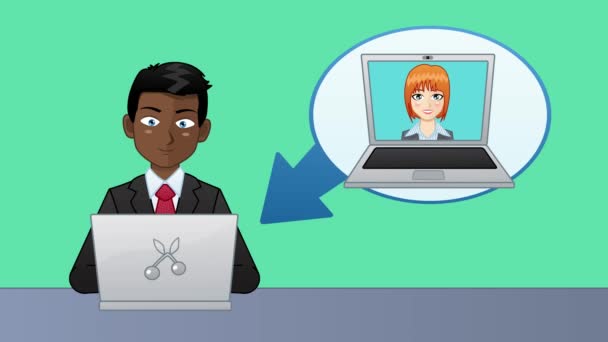 Animation of video chat conversation. Businessman is having a conversation on laptop with client or coworker. Animation is in easy to edit loop. - Footage, Video