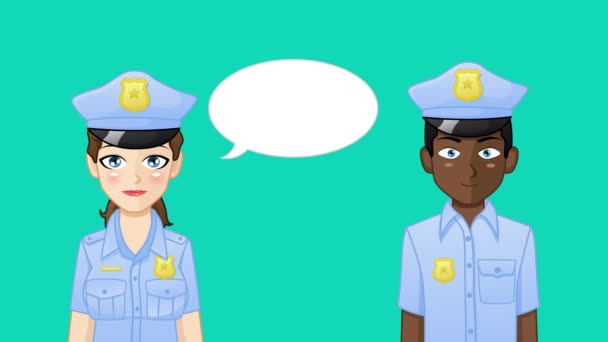 Cartoon animatie van politieagenten avatars met pratende bubbels. De belletjes zijn klaar om gevuld te worden. Eenvoudig te bewerken looping animatie. - Video