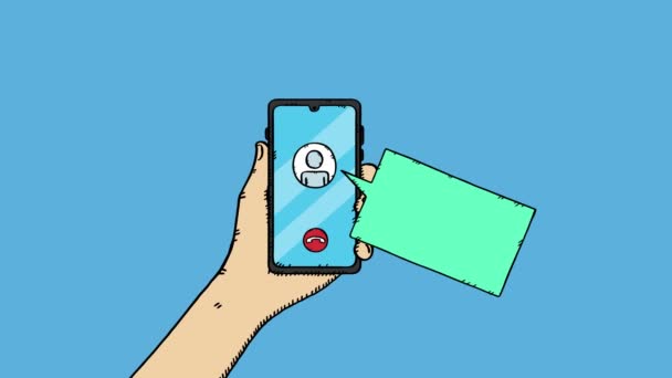 Animacja 4K rozmowy medycznej z lekarzem. Ręka trzyma telefon komórkowy i bańki mowy z lekarzem w nim pokazuje na ekranie - Materiał filmowy, wideo