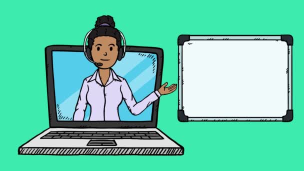 Animation 2D de la femme avec casque et tableau à feuilles mobiles montrant sur l'écran de l'ordinateur portable. Animation i en boucle parlante facile à éditer. - Séquence, vidéo