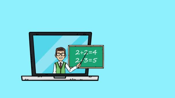 Animación Doodle mostrando aprendizaje remoto en línea. El profesor y la pizarra aparecen en la pantalla de un ordenador portátil. La animación es en bucle fácil de editar. - Imágenes, Vídeo