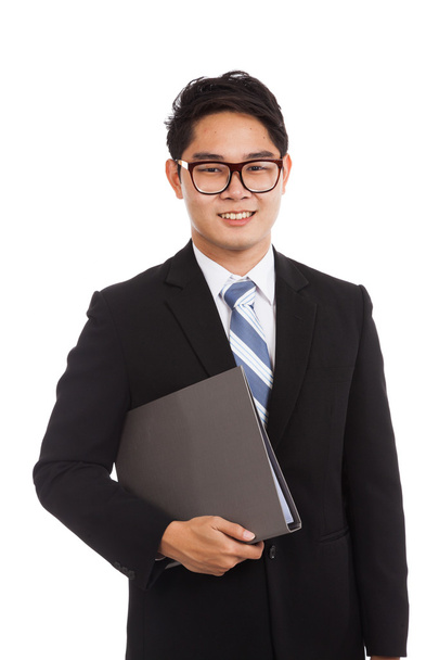 Azjatycki biznesmen uśmiech trzymać folderu - Zdjęcie, obraz