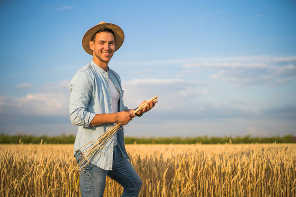 Happy farmer is standing in his growing wheat field and examining crops after successful sowing. - Zdjęcie, obraz