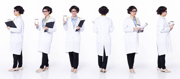 Full length 30s 40s Asian Woman Doctor with stethoscope, 360 front side back rear, wear formal Coat pant shoes. Smile Hospital female carry Patient Chart coffee cup over white background isolated - Photo, Image