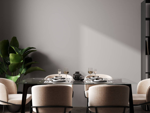 nowoczesny minimalistyczny design wnętrza, zbliżenie stołu jadalnego z krzesłami, biała ściana i betonowa podłoga, obsługa stołu, renderowanie 3d - Zdjęcie, obraz