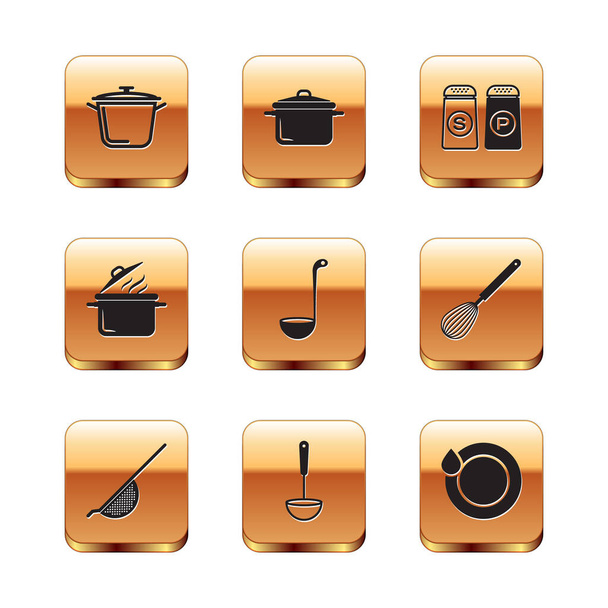 Set Cooking pot Kitchen colander ladle Salt pepper Washing dishes and icon. Vector. - Vector, Image