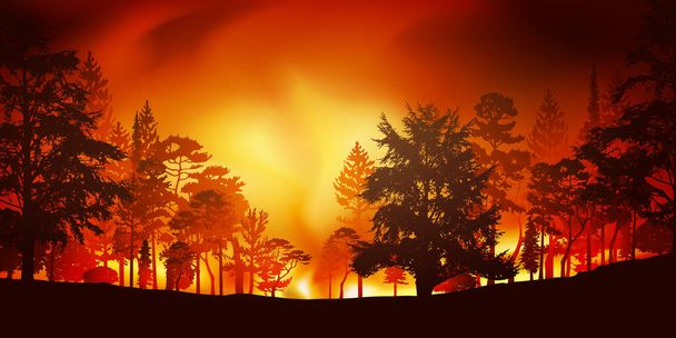 Disastro naturale o incendio doloso, questa illustrazione mostra un incendio boschivo con fiamme gigantesche che distrugge il paesaggio prima dell'intervento dei vigili del fuoco. - Vettoriali, immagini