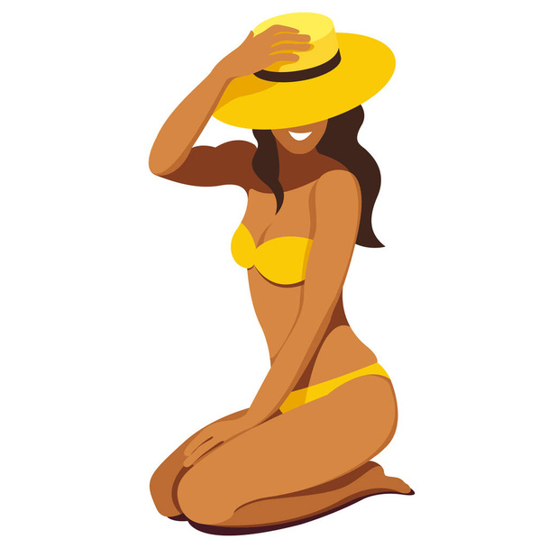 Yaz tatili konulu vektör illüstrasyonu. Sarı mayo giymiş bronzlaşmış bir kız kumsalda dizlerinin üzerinde beyaz bir arka planda izole edilmiş bir şapkayla oturuyor. Yaz tatili reklamı için kullanışlı - Vektör, Görsel