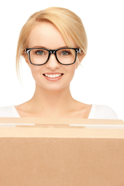 Attractive businesswoman with cardboard box - Zdjęcie, obraz