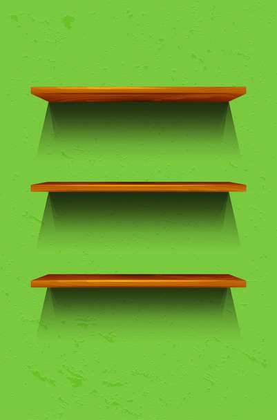 Drie lege houten planken op de groene muur - Vector, afbeelding