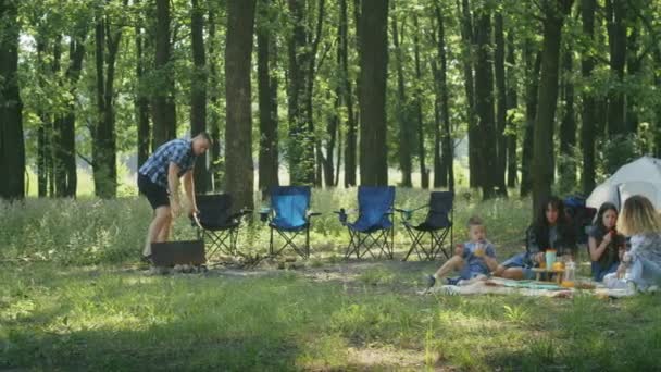 fröhliche Gesellschaft, Mama, Papa, Sohn, Tochter und ihre Freunde picknicken im Waldgebiet. Familiencamping im Sommer.Ausruhen mit Zelt im Wald Stadtpark - Filmmaterial, Video