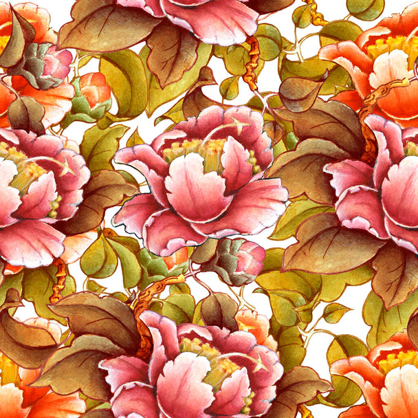 Seamless pattern. Camellia flower watercolor illustration.  Manual composition. Design for textile, wallpapers, Element for design, Greeting card. - Zdjęcie, obraz