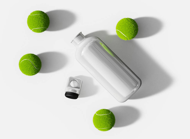 Open Aluminum Sport Bottle with Tennis Balls Mockup. Isolated Object. 3d Rendering - Fotó, kép