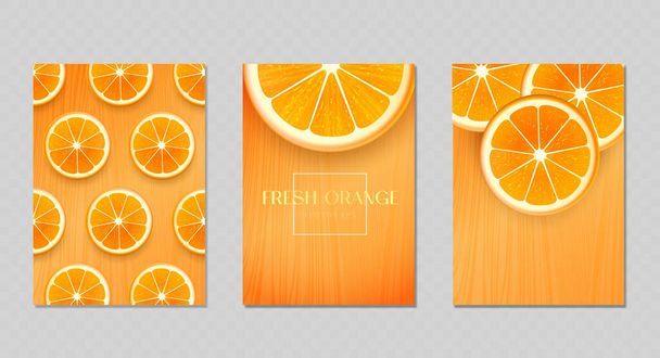 Векторные фоны со свежими ломтиками апельсинов. Оранжевый яркий летний плакат или шаблон баннера EPS10 - Вектор,изображение
