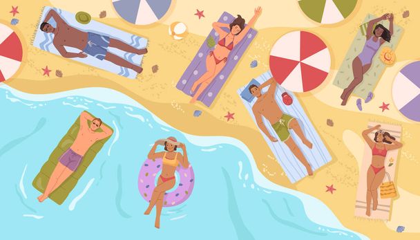 Mannen en vrouwen rusten aan zee, mensen op het strand zwemmen en zonnebaden. Man op opblaasbare matras, meisje zonnebaden aan het water. Vector platte cartoon zomer vakantie en vrijetijdsbesteding - Vector, afbeelding