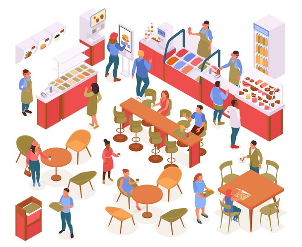 Food court isometric concept with selfservice and takeout symbols isolated vector illustration - Vector, Image