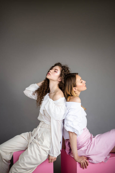 Дві модні жіночі моделі на сірому фоні студії портрет двох молодих стильних дівчат позують
 - Фото, зображення