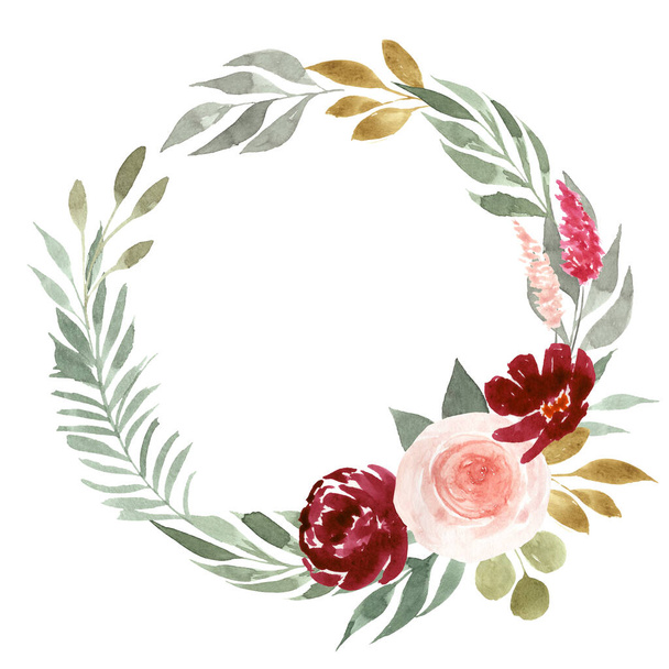 Elegancki kwiatowy wieniec akwarelowy z różą, piwonią i zielenią na białym tle. Idealny na wesela i kartki okolicznościowe. Ręcznie malowane ilustracje - Zdjęcie, obraz