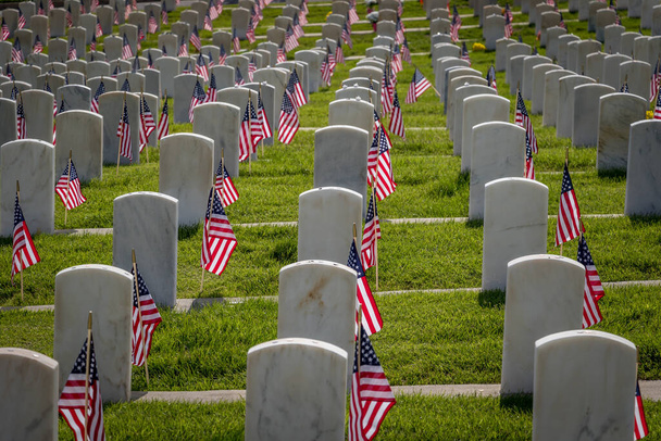 Военные надгробия, украшенные американскими флагами ко Дню памяти - Фото, изображение