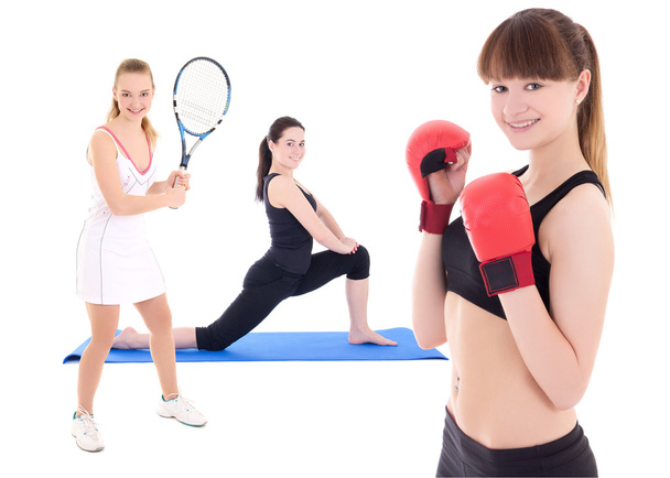 sport concept - female tennis player, female boxer and woman doi - Fotografie, Obrázek