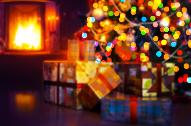 art Christmas scene with tree gifts and fire in background  - Photo, Image