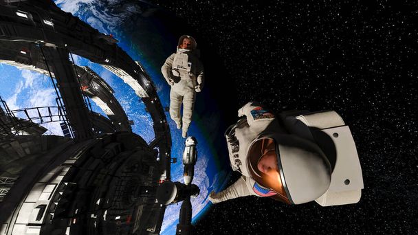 Kaksi astronauttia kävelee avaruudessa lähellä avaruusasemaa, jolla on maanpäällinen tausta - 3d renderöinti - Valokuva, kuva