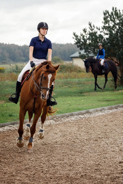 Ένα νεαρό όμορφο κορίτσι ιππεύει ένα άλογο. Ιππικό απόσπασμα. Άλογο και αναβάτης αθλητισμού. - Φωτογραφία, εικόνα