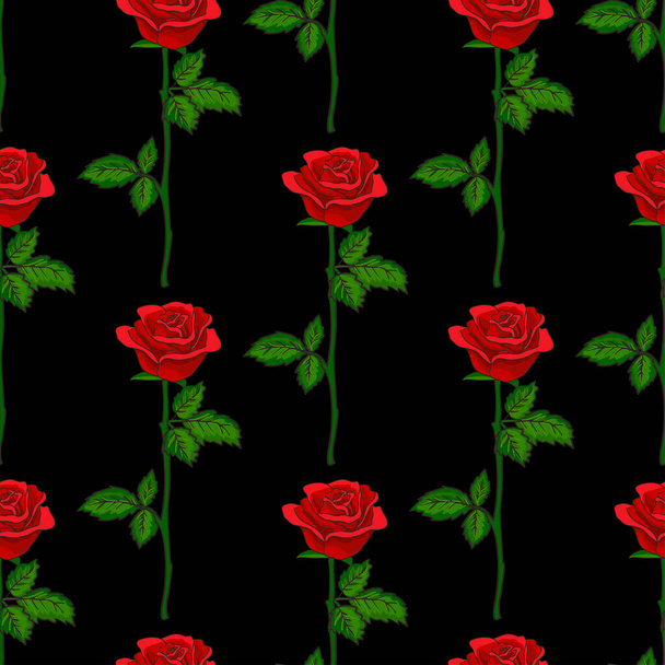 Black hand drawn seamless vector pattern with red rose flowers - Vektör, Görsel