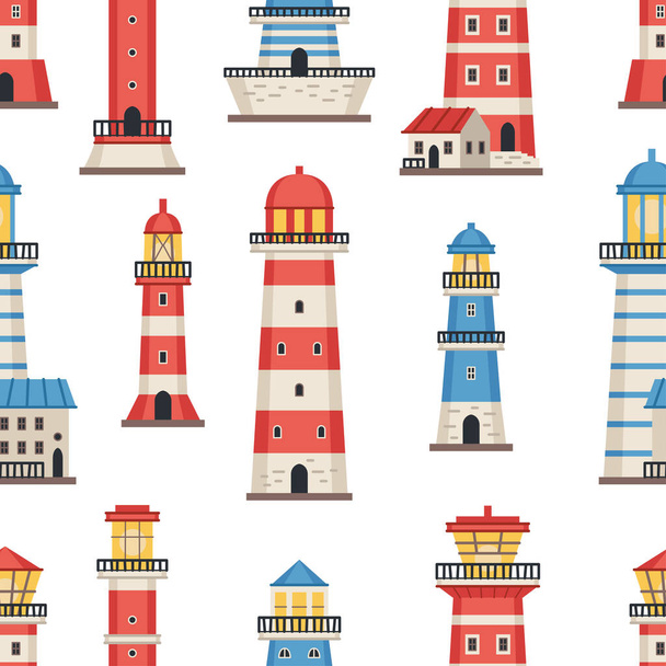 Vector flat style lighthouses with searchlight, marine navigation seamless pattern. Nautical elements theme. Sea wallpaper. For children designs, textiles, packaging. Vector illustration - Vecteur, image