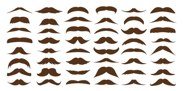 Diverses collections de moustache brune. Moustaches vintage et rétro. Cheveux faciaux, barbe hipster. Illustration vectorielle. - Vecteur, image