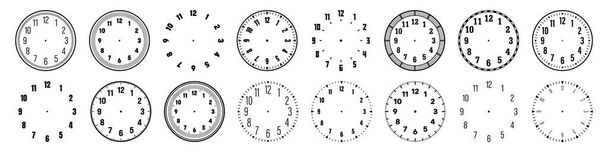 Mechanical clock faces with arabic numerals, bezel. Watch dial with minute, hour marks and numbers. Timer or stopwatch element. Blank measuring circle scale with divisions. Vector illustration. - Vector, Image
