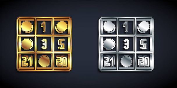 Χρυσή και ασημένια κάρτα Bingo με εικονίδιο τυχερών αριθμών που απομονώνεται σε μαύρο φόντο. Μακρύ στυλ σκιάς. Διάνυσμα. - Διάνυσμα, εικόνα
