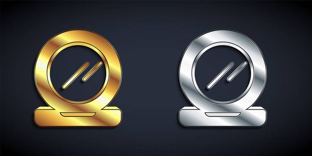 Gold and silver Makeup powder with mirror icon isolated on black background. Long shadow style. Vector. - Vektor, Bild