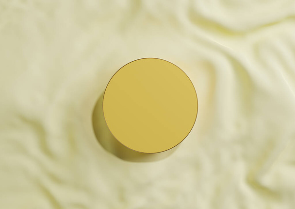 Pastello, luce, agrumi giallo 3D rendendo minimale visualizzazione del prodotto vista dall'alto piatto podio cerchio lay o stand con linea oro su tessuto ondulato per la fotografia di prodotti cosmetici di lusso dall'alto - Foto, immagini