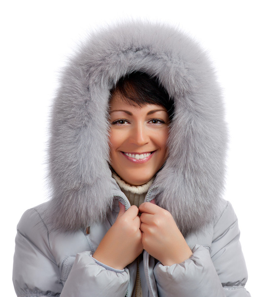 Portrait of young woman in fluffy hood - Foto, Imagem