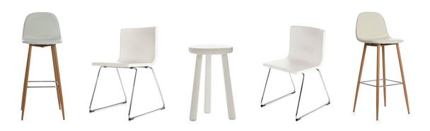 Set with different stylish chairs on white background. Banner design - Φωτογραφία, εικόνα