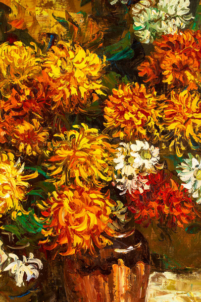 Pintura al óleo de estilo impresionista que representa un ramo de crisantemos - Foto, Imagen