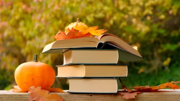 Herbstbücher. Stapel von Büchern, Kürbissen und Herbstblättern im herbstlichen Garten. Hochwertiges 4k Filmmaterial - Filmmaterial, Video