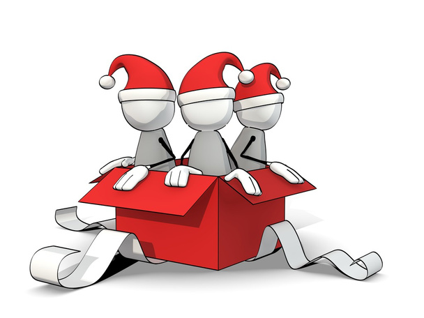 Petits hommes sketchy avec chapeau de Père Noël dans une boîte-cadeau
 - Photo, image