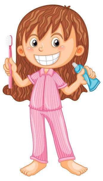 Chica en pijama sosteniendo cepillo de dientes y pasta de dientes ilustración - Vector, imagen