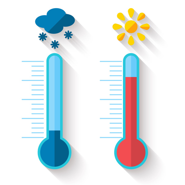 Flaches Design des Thermometers zur Messung von Wärme und Kälte, mit Sonnen- und Schneeflockensymbolen, Vektorillustration - Vektor, Bild