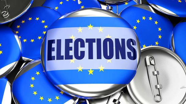 Europa de la UE y las elecciones - docenas de botones con una bandera de Europa de la UE y una palabra Elecciones. 3d renderizar simbolizando las próximas elecciones en este país., 3d ilustración - Foto, Imagen