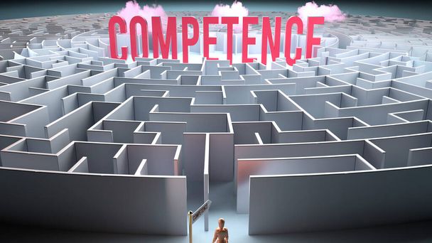 Competencia y un camino desafiante que conduce a ella - confusión y frustración en su búsqueda, complicado viaje a Competencia, ilustración 3d - Foto, imagen