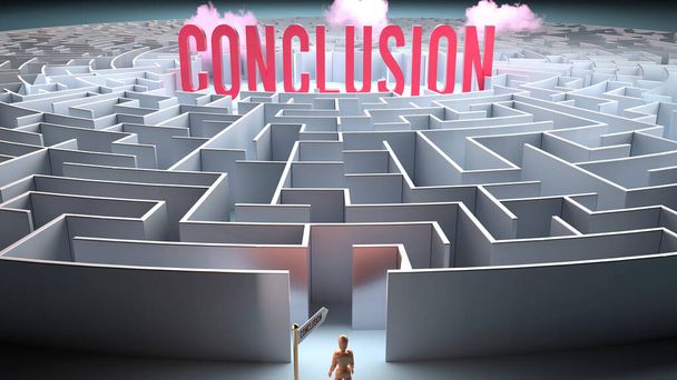 Conclusión y un camino desafiante que conduce a ella confusión y frustración en su búsqueda, complicado viaje a Conclusión, ilustración 3d - Foto, imagen