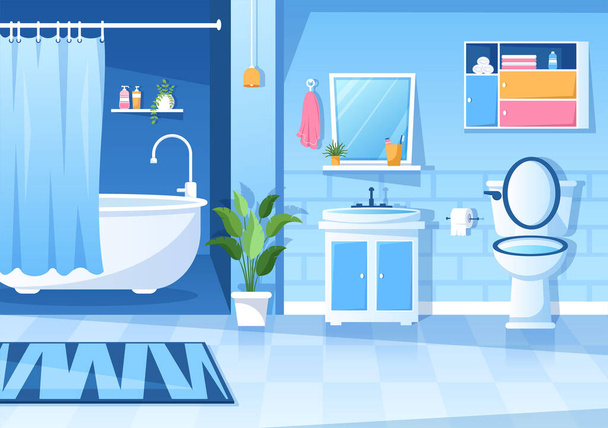 Μοντέρνα Έπιπλα Μπάνιου Interior Background Εικονογράφηση με μπανιέρα, βρύση Τουαλέτα νεροχύτη για ντους και καθάρισμα σε επίπεδο χρώμα στυλ - Διάνυσμα, εικόνα