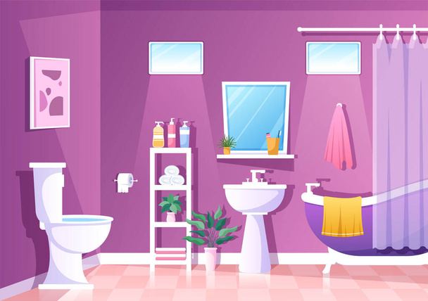 Moderne Badezimmermöbel Innenraum Hintergrund Illustration mit Badewanne, Wasserhahn WC Waschbecken zum Duschen und Aufräumen in flachen Farbstil - Vektor, Bild