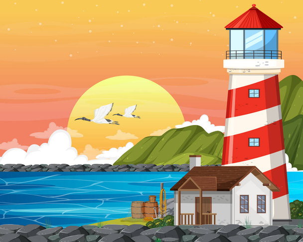 Sunset background with lighthouse on coast  illustration - Vetor, Imagem