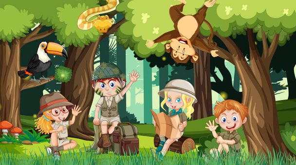 Children hiking in the forest illustration - Vector, Image